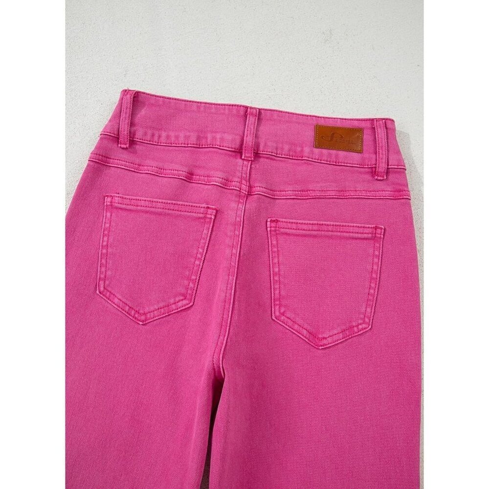 Women's Hot Pink High Waisted Straight Leg Stretchy Trendy Loose Denim Pants - Picture 4 of 6